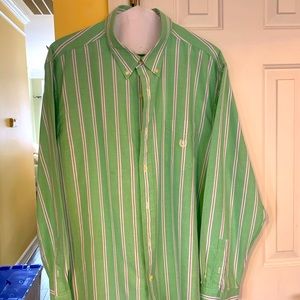 CHAPS Green and White striped‎ button down shirt.